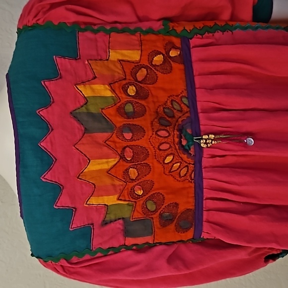 VTG OPUS 1 1970s Mexican Pink Patchwork Horn Beaded Fringe Boho Festival Dress - Picture 10 of 16